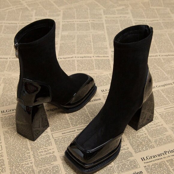 Black Elegant Women's Waterproof Platform Heel High Boots - Picture 4 of 5